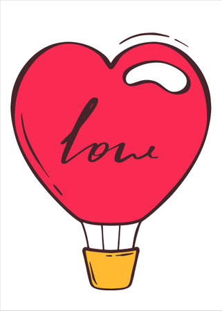 Balloon for flights in the idea of a heart with the inscription love. Red hot air balloon in flat style. romantic vector illustration. Valentine's Day.のイラスト素材