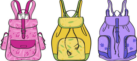 A set of three women's backpacks with floral patterns. Backpack flat style. school bag. Modern vector illustration. Vector isolated design element.のイラスト素材