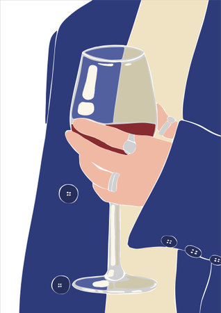 A woman's hand with rings holds a filled glass of red wine. girl in a jacket. Vector illustration design. isolated background. Poster for sister winery. transparent background. flat designのイラスト素材