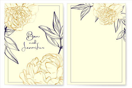 Invitation wedding card with golden peonies. Greeting card template with floral pattern for any occasion. Elegant decorative design. vector design template. flowers background.のイラスト素材