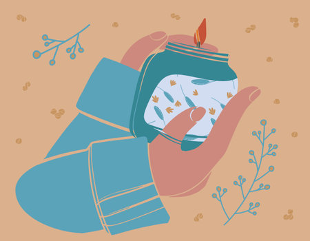 Hands in a blue sweater hold a burning candle in a jar. flat design illustration. vector illustration. Cozy home decor in blue colors. vectorset.のイラスト素材
