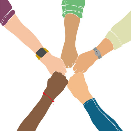 People's hands joined together. A moment of unity. Team success in business. Teamwork, togetherness, friendship concept. cooperation people. creative concept. vector graphics.のイラスト素材
