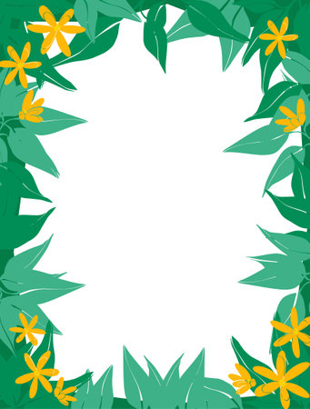 Decorative frame made of leaves and cute flowers. Abstract invitation card on a leafy background. Artistic natural banner design. Abstract art botanical background.のイラスト素材