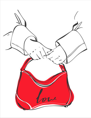 Women's hands hold a handbag with the inscription love. Vector art illustration of a trendy look. Illustration in line art style. Fashion illustration for Valentine's Day.のイラスト素材