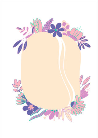 Frame with floral composition in pink-lilac tones. Lovely flowers in Very Peri color vector background. Festive floral decor. wedding invitation. Colorful vector art design.のイラスト素材