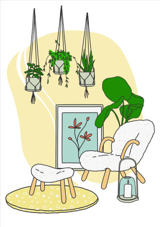 Scandinavian living room interior. Stylish armchair, chest of drawers, lamp and pieces of furniture. Cozy interior with live plants. Vector illustration with hygge style furniture. Simple flat design.のイラスト素材