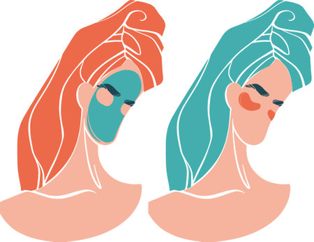 Home spa concept design. Girl with a towel on her head after a shower. Girl with eye patches. Vector isolated illustration. The concept of self-care at home. modern vectorのイラスト素材