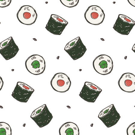 Seamless pattern with sushi and rolls. Asian food. Japanese rolls with seafood and rice. Vector background for any design.のイラスト素材