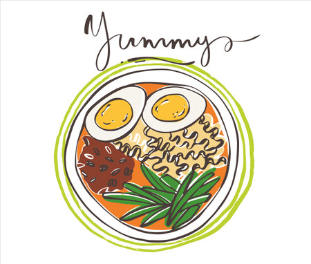 A bowl with a traditional Korean dish of ramen. Asian food. Health food. Vector illustration for any design.のイラスト素材