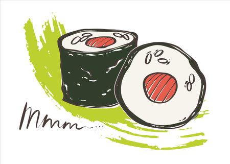 Roll with fish close-up. Asian food. Japanese rolls with seafood and rice. Logo for the brand. Vector illustration for any design.のイラスト素材