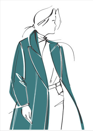 Fashionable young girl in a coat in profile close-up. Vector art illustration of street fashion. Illustration in line art style. street style look.のイラスト素材