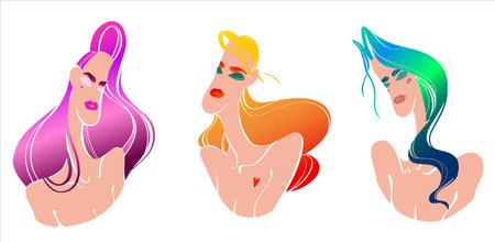 Three portraits of young girls with a gradient on their hair. Collection of female portraits. Vector fantasy color illustration. Female avatar for social networks.のイラスト素材