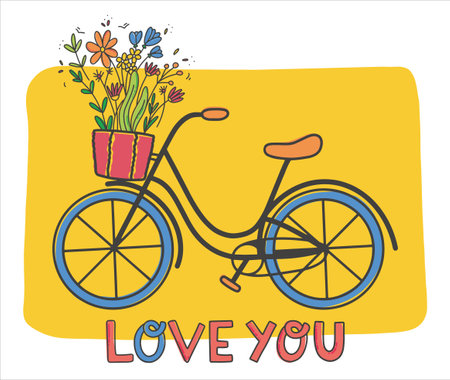 Bicycle with a basket with a bouquet of wildflowers. Valentine's day card. romantic picture. Vector illustration in a flat style.のイラスト素材