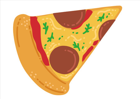 Pizza with sausages. Illustration with fast food. Italian pizza with cheese. American street food in flat style. Fast food cafe vector illustrationのイラスト素材