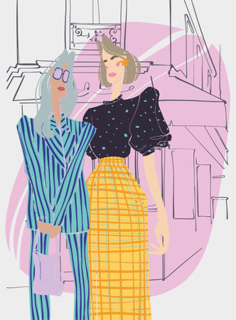 Two fashionistas in stylish clothes on the background of a street cafe. Colorful street fashion illustration. trendy vector style. vector magazine illustration. print design.のイラスト素材