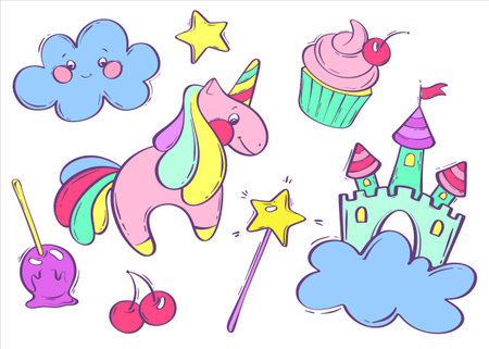 Set with fairy tale unicorn, castle, cupcake and cloud. Purple fantasy pony. Vector illustration in cartoon style. Children's illustration.のイラスト素材