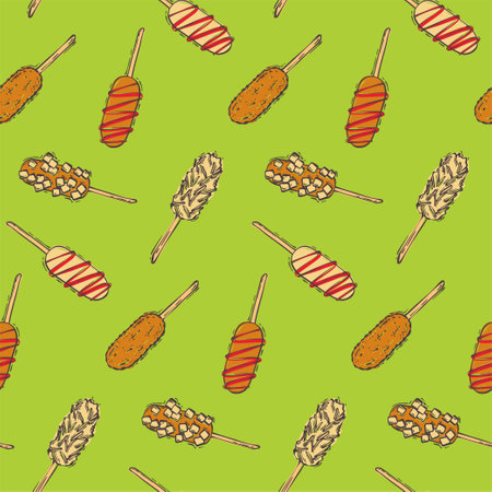 Seamless pattern with Korean corn dogs. Street Asian food. Vector illustration in a flat style.のイラスト素材