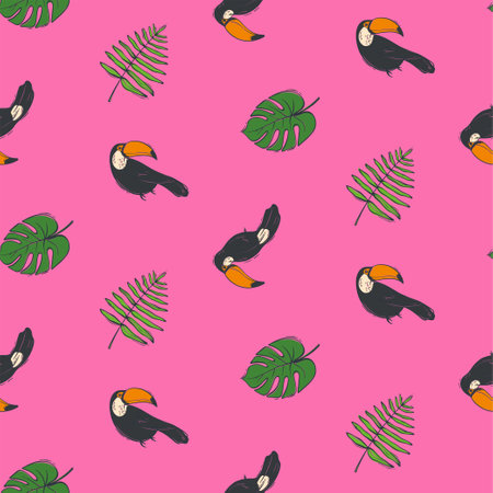 Seamless pattern with toucan bird, green leaves. wild tropical nature. Vector illustration in a flat style.のイラスト素材