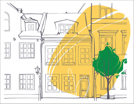 Facades of houses with a green tree and a colored spot. Vector illustration in a linear style. Landscape of a city street on a white background. isolated illustration.のイラスト素材