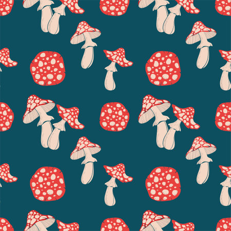 Seamless pattern with fly agarics and spotted hats. Flat colorful illustration of red grebes on blue background. flat drawing sketch. Vector illustration in a flat style.のイラスト素材