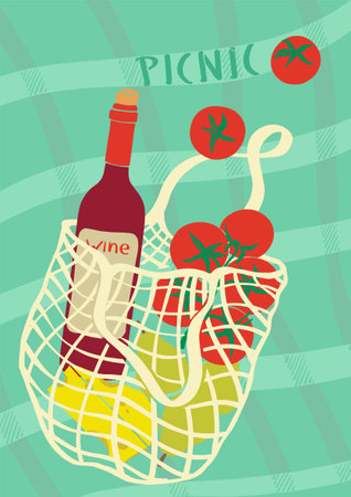 Picnic in nature. Summer illustration with a wicker bag with a bottle of wine, cheese and tomatoes and pears. Products from local farmers. Modern poster with organic products. flat design.のイラスト素材