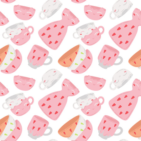 Seamless pattern with cute crockery. Cat-faced cups and heart-shaped bowls. Making handmade ceramics. Vector illustration of hobby and creativity.のイラスト素材