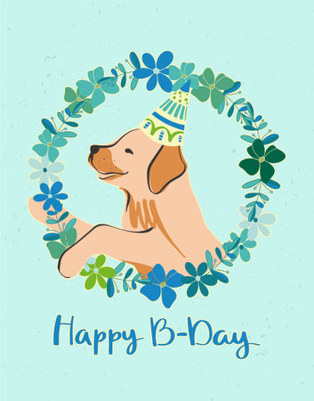 Beautiful postcard with a labrador puppy in a festive cap in a flower wreath on a blue background. creative vector illustration. happy birthday design. party decor.のイラスト素材
