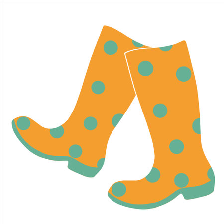 Yellow rubber boots with blue polka dots on a white background. vector illustration. Element of autumn clothes.のイラスト素材