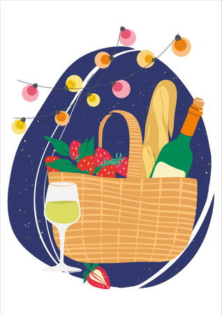 Picnic in nature. Vector illustration with a bottle of wine, bread and strawberries in a picnic basket. Modern poster with organic products and light garland. Romantic summer date with lanterns. flat design.のイラスト素材