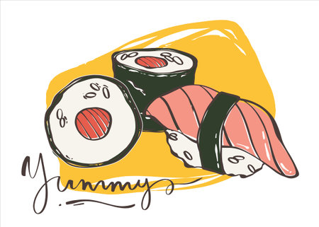 Set of sushi and roll with fish on a yellow background. Asian food. Japanese rolls with seafood and rice. Logo for the brand. Vector illustration for any design.のイラスト素材