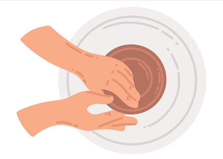 Hands of the master on the potter's wheel. Making handmade ceramics. Pottery training. Vector illustration of hobby and creativity.のイラスト素材