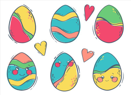 Set of colored Easter eggs with zor and soapy faces. Decorated eggs for the spring holiday. Flat vector illustration for concept design. isolated object.のイラスト素材