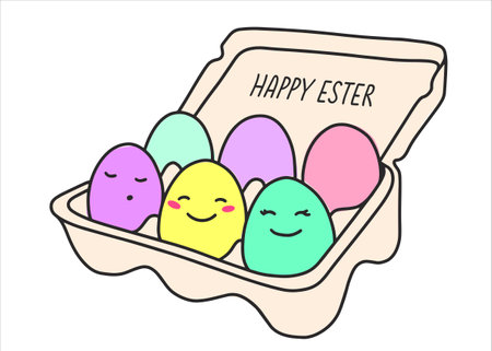 Packing with multi-colored pastel eggs for the Easter holiday. Spring holiday with decorative eggs with cute faces. Vector illustration in a flat style. Illustration for a greeting card.のイラスト素材