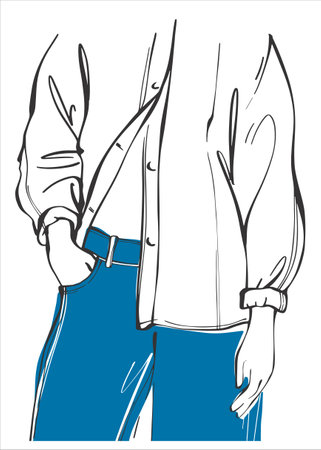Fashionable girl in a shirt and jeans close-up. Vector art illustration of a trendy look. Illustration in line art style. Street style image for magazine and fashion design.のイラスト素材