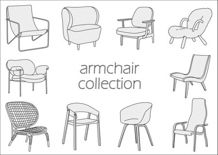 Collection of modern armchairs in trendy scandinavian or hygge style. Hand drawn illustration in line style. monochrome vector illustrationのイラスト素材