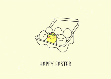 Packing with chicken eggs for the Easter holiday and a congratulatory inscription. Spring holiday with decorative eggs with cute faces. Vector illustration in flat style with old paper texture. Illustration for a greeting card.のイラスト素材