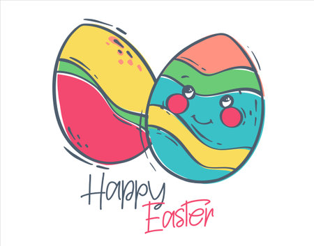 Two cute colored eggs with a smile for the Easter holiday. Decorated eggs for the spring holiday with the inscription happy easter. Flat vector illustration for concept design. isolated object.のイラスト素材