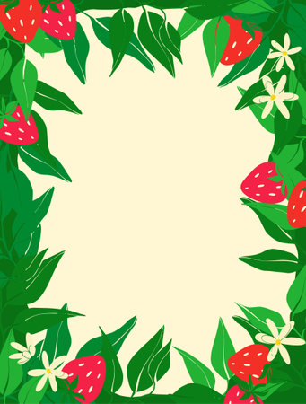 Decorative frame of leaves and strawberries with white flowers. Abstract invitation card on foliage background. Artistic natural banner design. Abstract art botanical background.のイラスト素材