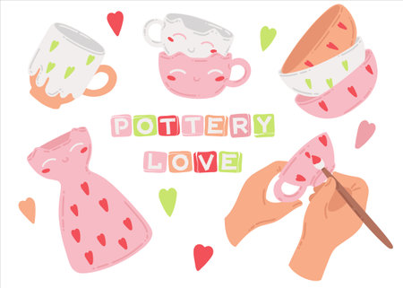 Collection of pottery. The potter's hands are painting a cup. Ceramic dishes handmade. Pottery training. Vector illustration of hobby and creativity.のイラスト素材