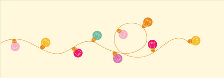 Holiday design illustration with colorful garlands of light bulbs. Holiday concept with colored lanterns. Festive banner for christmas, party, birthday. vector background.のイラスト素材
