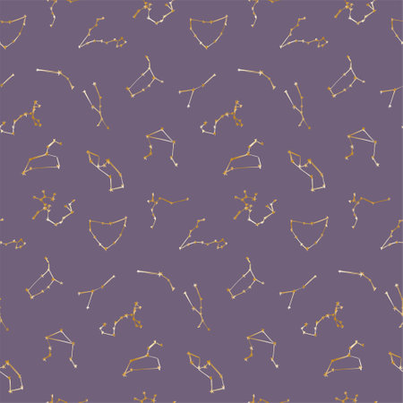 Seamless pattern of the constellations of the Zodiac in gold color. Horoscope on a dark background. Astrological vector illustration for design.のイラスト素材
