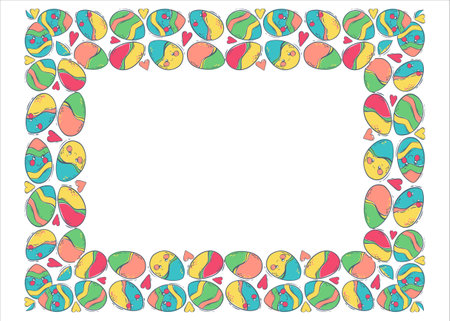 Easter frame with colored eggs. Border with decorated eggs. Colored eggs for Easter spring holiday. Flat vector illustration for conceptual design. isolated object.のイラスト素材