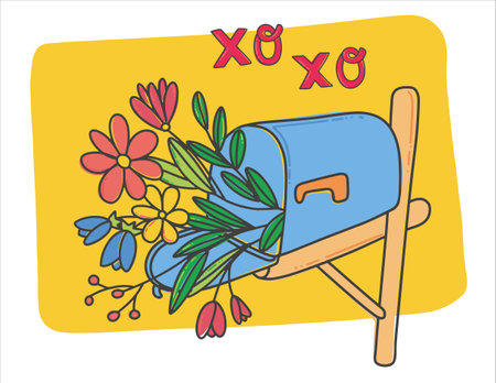 Mailbox with flowers on a yellow background. Bright postcard for Valentine's Day. Bouquet of wild flowers. romantic mail. Vector illustration in a linear style.のイラスト素材