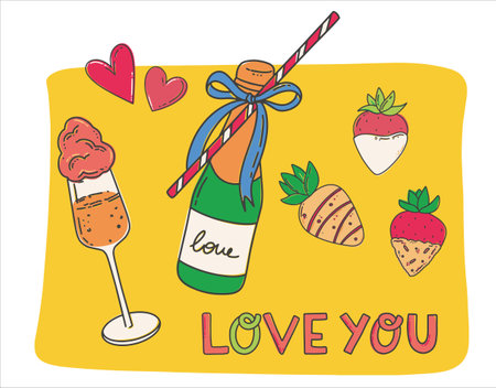 Postcard to the day of all lovers. A bottle of sparkling wine, a glass of cotton candy and chocolate covered strawberries. romantic picture. Vector illustration in a flat style.のイラスト素材