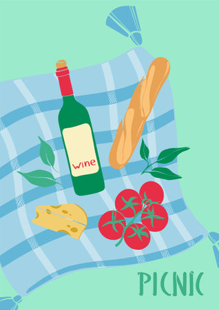 Picnic in nature. Vector illustration with a bottle of wine, cheese and tomatoes. Modern poster with organic products. Summer event invitation. flat design.のイラスト素材