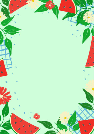 Picnic in nature. Vector illustration with watermelons. Summer frame template. Modern poster with organic products. Summer holiday invitation design. flat design.のイラスト素材