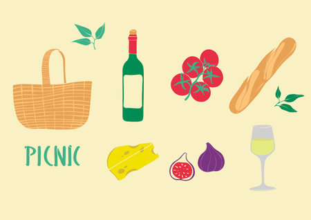 Set of vector elements for a picnic. Illustration with a bottle of wine, bread, figs, cheese and a picnic basket. Modern poster with organic products. flat design.のイラスト素材