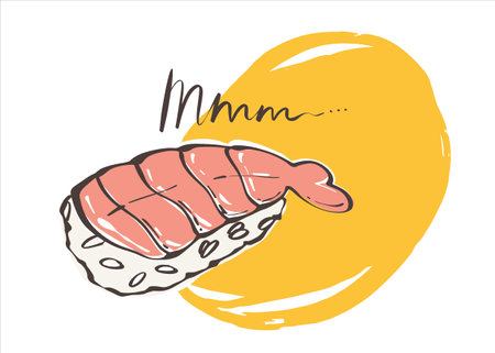 Sushi with shrimp on a yellow background close-up. Japanese rolls with seafood and rice. for the brand. Vector illustration for any design.のイラスト素材