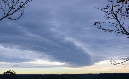 Dramatic storm front rolling in over woodland framed in the foreground by the silhouettes of black, spooky, almost leafless trees.の写真素材