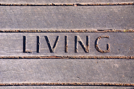 Living carved into wooden boardwalk panel. Lifestyle and living concepts. Graphic resource background.の写真素材